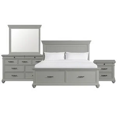 Queen Panel Storage Bed, 9 Drawer Dresser, Landscape Mirror, and 2 Drawer Nightstand